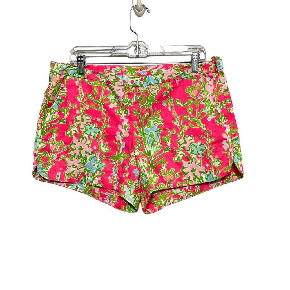 Lilly Pulitzer Adie Patterned Shorts Pink Pockets Mid Rise Summer Womens 10